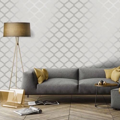 Geometric Trellis Pattern Wallpaper Grey Silver Sparkle Metallic Holden Decor