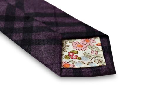 Dark Purple & Black Check Plaid Frederick Thomas Designer Tweed Wool Mens Tie 