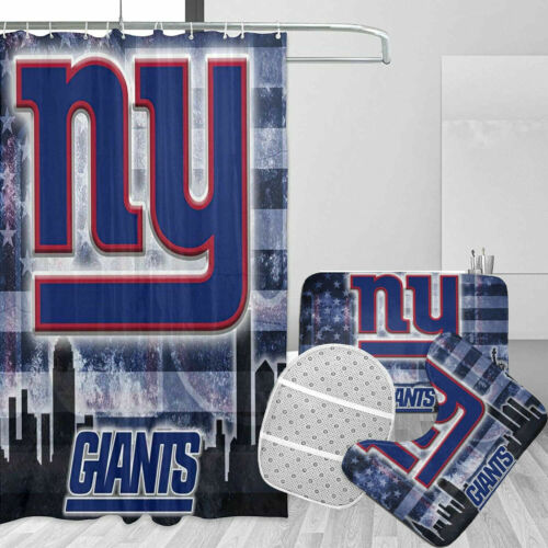 New York Giants Bathroom Rugs Set 4PCS Shower Curtain Toilet Lid Cover Bath Mats 