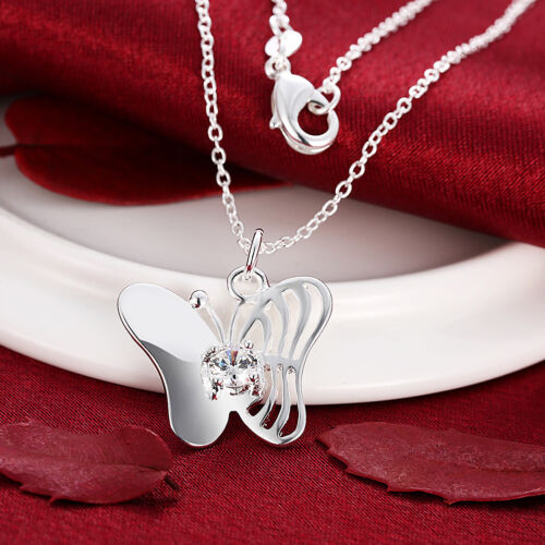 Elegant 925 Sterling Silver Filled Butterfly CZ Pendant Woman Necklace N-A595