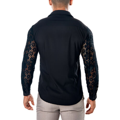 Men's Crochet Flower Lace Long Sleeve Shirt Blouse Top Party Wedding Slim Casual 