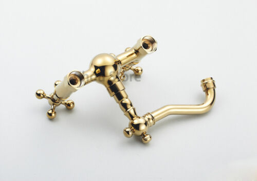 Gold Polished Brass Bathroom Swivel Spout Basin Faucet Wall Mount Sink Mixer Tap