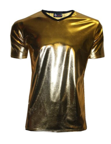 Mens Gold Metallic Wet Look PVC Shiny T-Shirt Top Club Wear V Neck Fancy Dress 