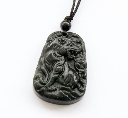 Lucky Tiger Coin Ruyi Black Green Jade Gem Amulet Pendant