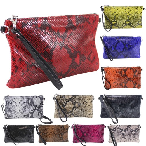 New Women’s Snakeskin Animal Print Real Leather Wrist Strap Party Clutch Bag