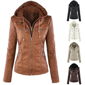 Womens PU Leather Hooded Jacket Motorcycle Jacket Coat Bomber Biker Outwear New | eBay
