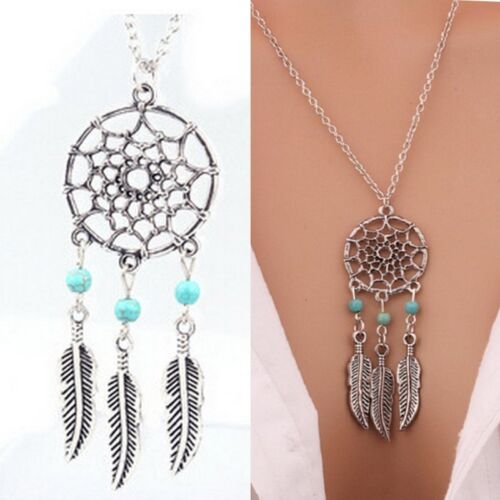 Retro Dream Catcher Turquoise Feather Charm Pendant Jewelry Long Chain Necklace 