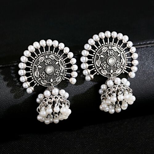 Vintage Gold Silver Bollywood Oxidized Women Pearl Tassel Jhumka Dangle Earring