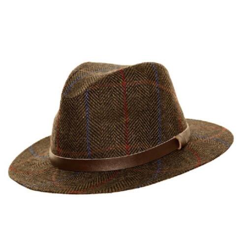 Mens Ladies Tweed Fedora With Faux Leather Band 2 Colours 4 Sizes 