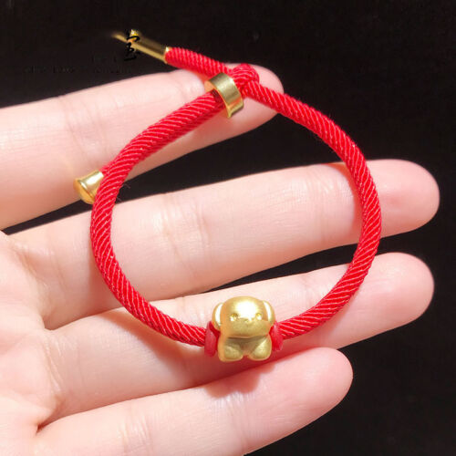 NEW Pure 24K Yellow Gold Dog Bead Lucky Red Cord Knitted Bracelet 