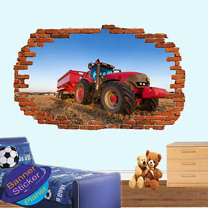 TRACTOR FARM MACHINERY FIELD 3D SMASHED WALL STICKER ROOM DECOR DECAL MURAL YI5
