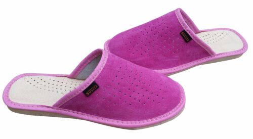 Womens Pink 100% Natural Leather Slippers Mules Slip On Size 3 4 5 6 7 8 