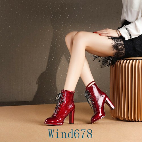 Women/'s Patent Leather High Chunky Heels Mid-calf Boots Lace Up Pointed Toe Shoe