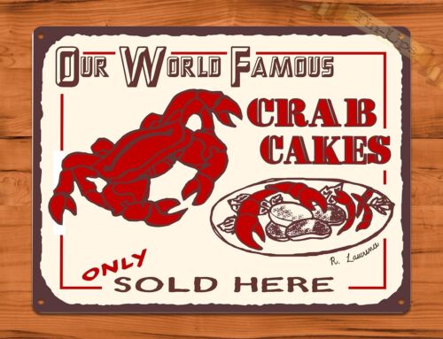 TIN SIGN /"World Famous Crab Cakes/" Vintage Restaurant Beer Store
