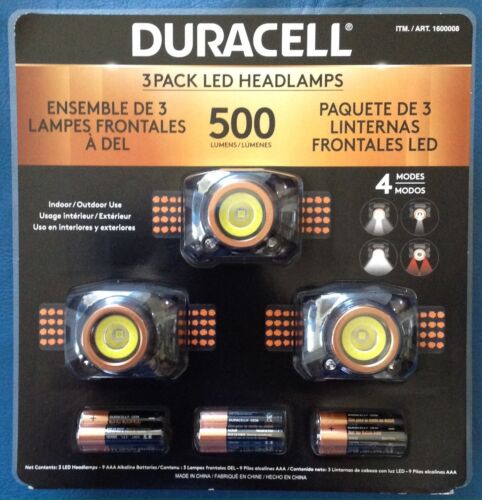 4 Light Modes! Water Resistant NEW Duracell 3 Pack LED Headlamps 500 Lumens 