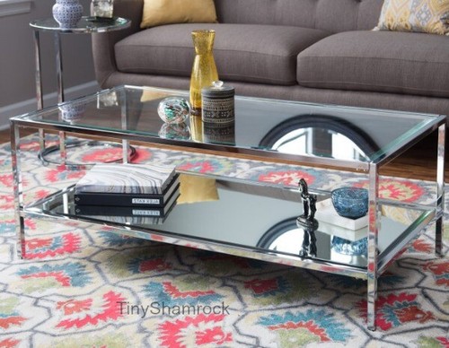 Chrome Coffee Table Glass Topped Mirrored Luxe Modern Living Room Furniture New