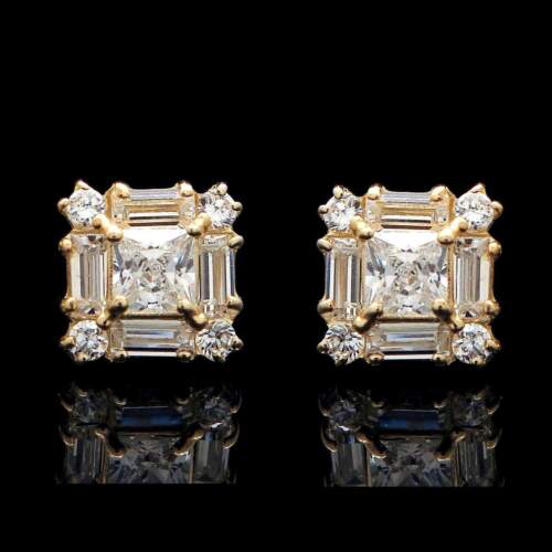 1.00CT Princess Baguette Round Created Diamond Cluster Earrings 14K Yellow Gold 