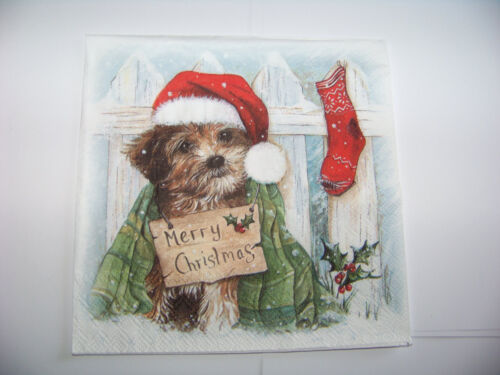 3  Servietten Christmas Puppy Hund mit Weihnachtsmütze Merry Christmas Napkins