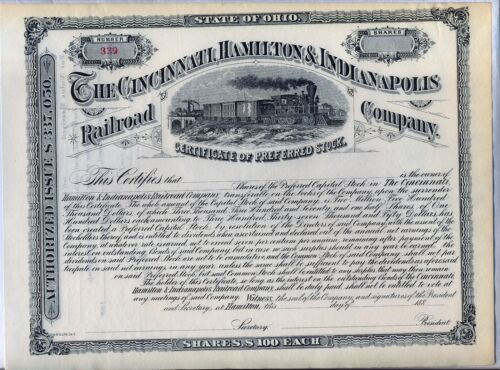 Cincinnati Hamilton /& Indianapolis Railroad Company Stock Certificate Ohio
