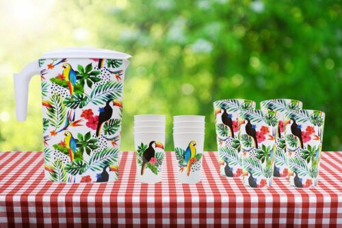Picnic BBQ Summer Party Set Plastic Reusable Jug Tumblers Tropical Parrot Leaf