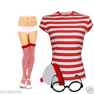 Ladies Striped Red /& White Book Week T-Shirt Hat Glasses Womens Set Fancy Dress