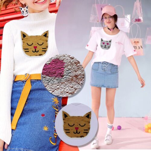 DIY Fertigkeit Katze Pailletten Patch Reversible Farbe Kleider Applikationen