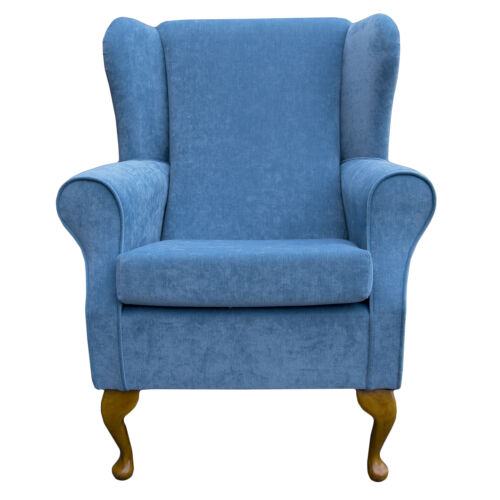 High Wingback Fireside Blue Azure Fabric Seat Easy Armchair Hardwood Legs UK 