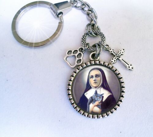 Gertrude with Sweet Gray Cat St Patron Saint of Cats Keychain or Zipper Pull 