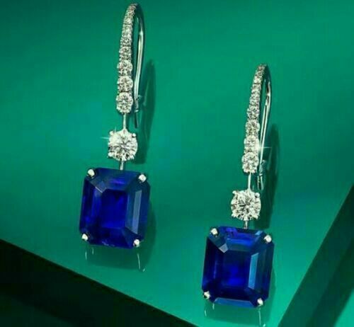4.25 Ct Emerald Cut Blue Sapphire Drop /& Dangle Earrings 14K White Gold Finish