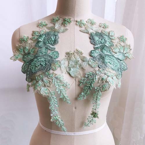 1 Pair Lace Applique Flower Embroidery Beads Sequins Wedding Dress Bridal Patch