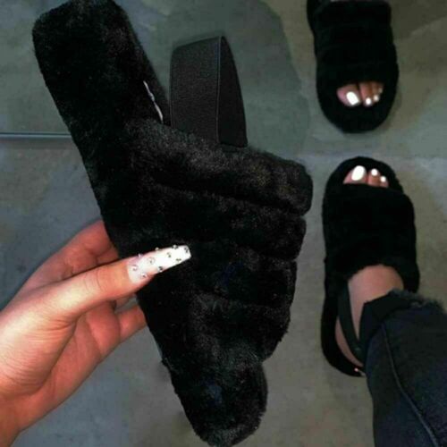 Women Fur Fluffy Sliders Slippers Slip On Flat Sandals Mules Summer Shoes Ladies 