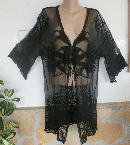 Ibiza Look Weste kurz Trendy Boho Beach Spitze Stickerei Black Schwarz EG 44-48