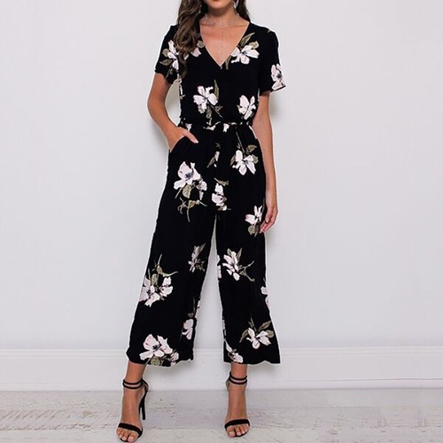 Romper Jumpsuit Trousers Pants S~5XL Women V-neck Short Sleeve Playsuit Casual