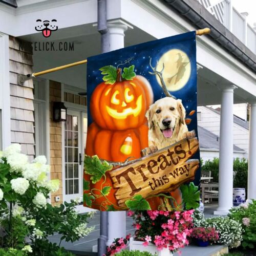Golden Retriever Dog Treats This Way Pumkin Halloween House Decor Gift Flag 