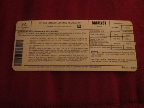 1982 CHEVROLET CAMARO 305 V8 ENGINE EMISSIONS SPECIFICATIONS DECAL STICKER