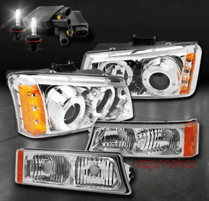 03-06 SILVERADO PICKUP HALO LED CHROME PROJECTOR HEAD LIGHTS+AMBER BUMPER+6K HID
