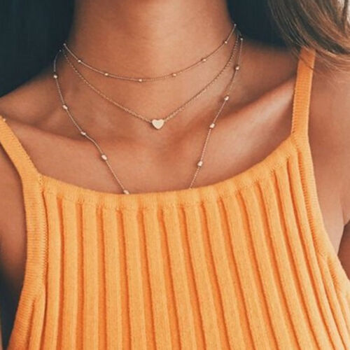Simple Double Layers Chain Heart Pendant Necklace Choker Women Jewelry MA