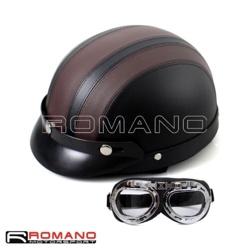 PU Leather Motorcycle Biker Open Face Half Helmet With Goggles Glasses Unisex 