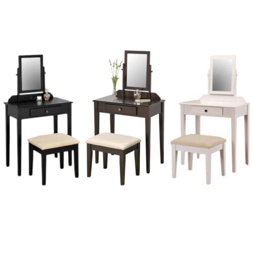 Makeup Vanity Table Set Tilt Mirror Dresser Stool Bench Drawer Modern Solid Wood 