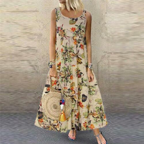 Vintage Womens Sleeveless Boho Floral Baggy Casual Maxi Dress Sundress Plus Size