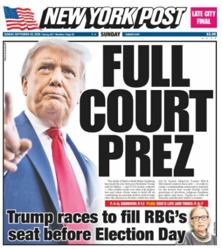 NEW YORK POST NEWSPAPER DONALD TRUMP  FULL COURT PREZ   10 SPEED   9//20//20