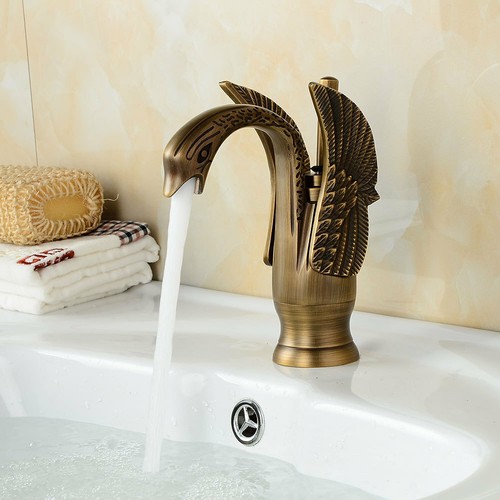 Antique Brass Swan Shape Basin Sink Faucet Bathroom Single Hole Basin Mixer Tap