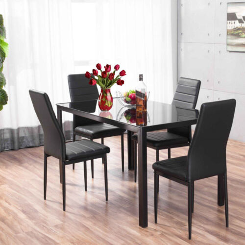 Tempered Glass Top Dining Table Chairs Set Kitchen Dinner Furniture Metal Frame