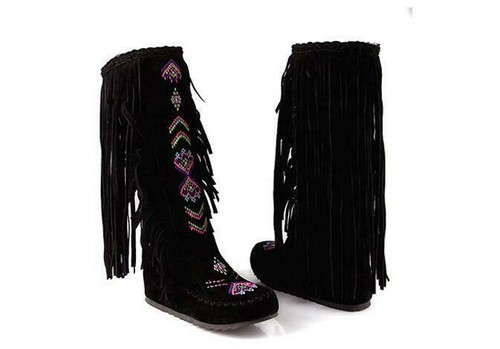 Fringe Tassel Womens Embroidery Moccasin Pull on Knee High Boots Boho Shoes Chic