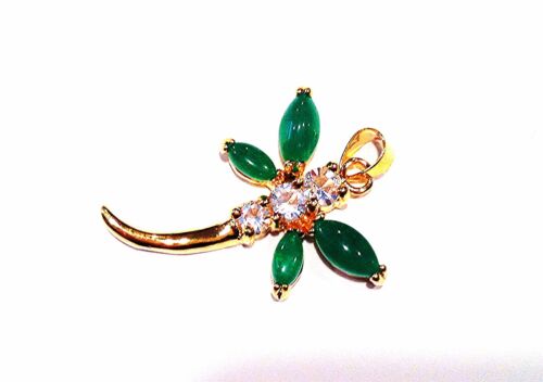 Details about  / Green Jade Pendant in Dragonfly Design with Rhodium Plated Bail Gold Tone