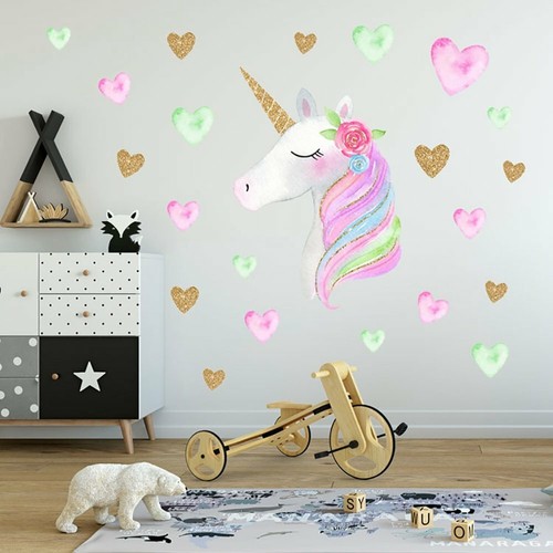 Unicorn Hearts Stars Wall Art Stickers Girls Bedroom Decals 64 Hearts /& Stars PN