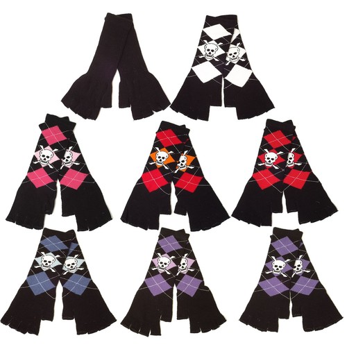 Skull and Crossbones on Argyle Long Unisex Fingerless Gloves