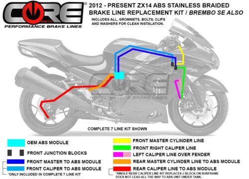 Front Rear Stainless Kawasaki ZX14R Brake Lines 2012-2019 ABS Only 7 lines 