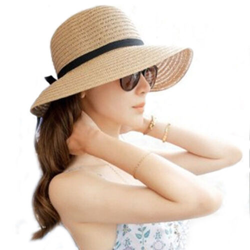 Floppy Foldable Ladies Women Straw Beach Sun Summer Hat Beige One Size Wide cb