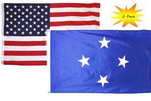2 Pack USA American & Micronesia Country Flag Banner 3x5 3’x5’ Wholesale Set 